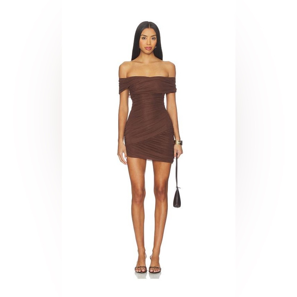 Lovers Friends Revolve NWT Ariela Brown Off The Shoulder Ruched Mini Dress XXS
